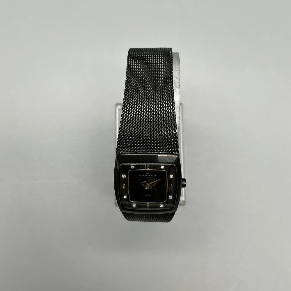 Skagen Womens Watch 21mm Black Dial Crystals Mesh Bracelet Steel New Battery